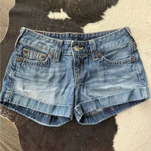True Religion Light Blue Rolled Hem Denim Shorts